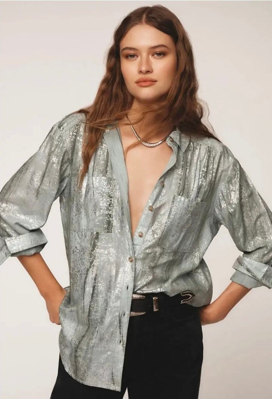 Pilcro Anthro Foil Shine Button Down Shirt Sage Green Blouse Medium NWT